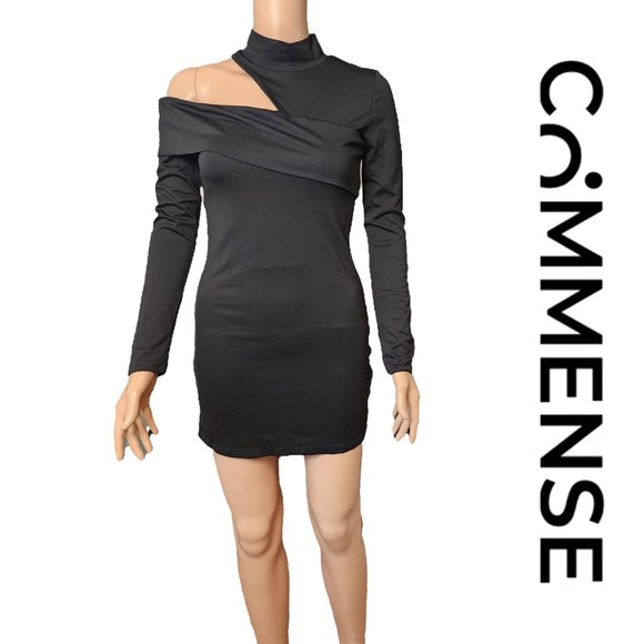 Commense Dresses & Skirts - Commense Mock Neck Oblique Cutout Rib Long Sleeve Short Dress NWT Black Small